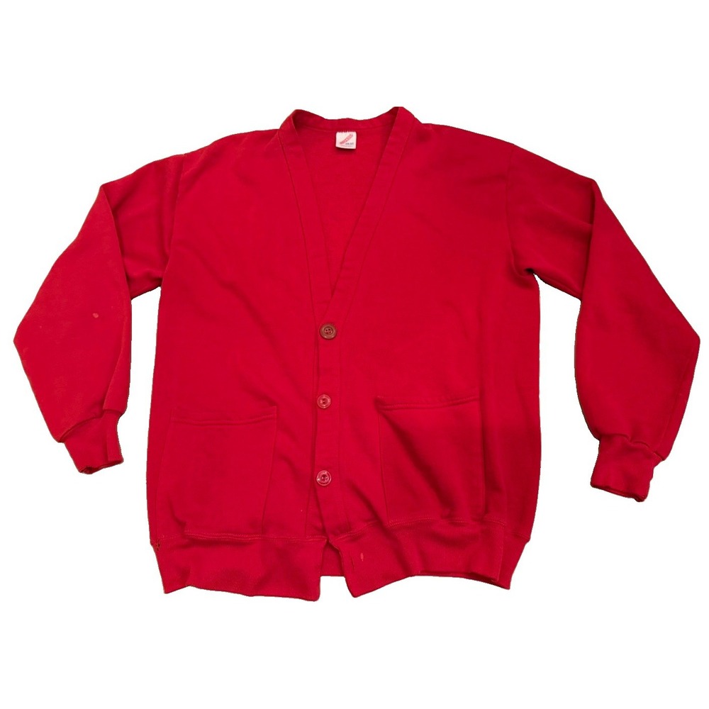 Vintage 80s 90s Jerzees Red Cardigan Sweatshirt USA One Size Mr.Rodgers